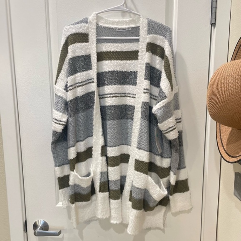 NEW…Pink Clover Striped Long Open Cardigan Sweater - Picture 2 of 5